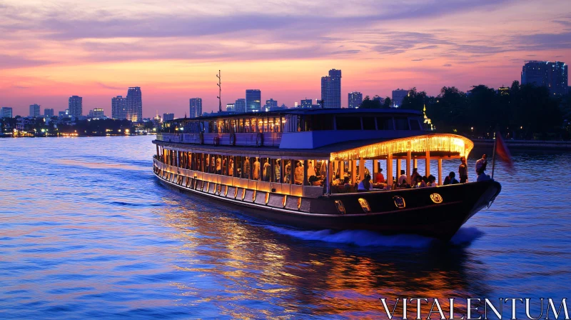 Sunset River Cruise with Illuminated Boat and City Skyline AI Image