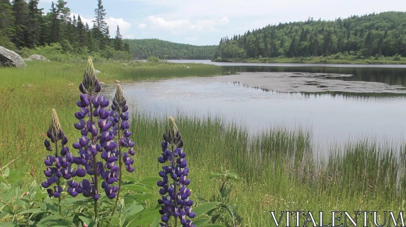 Peaceful Lake Scene with Forest and Purple Blossoms AI Image