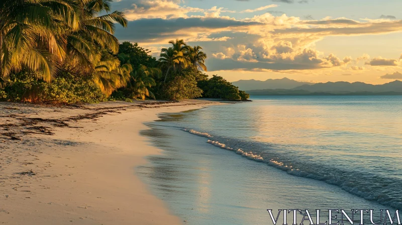 AI ART Peaceful Sunset Beach with Lush Palm Trees