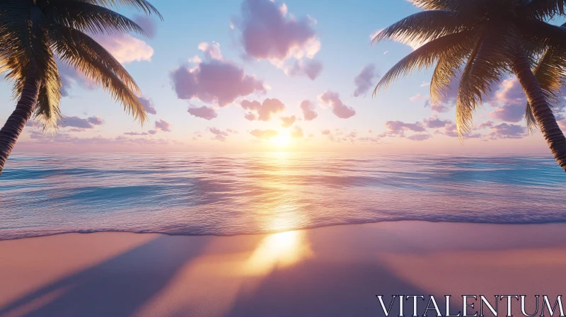 Tranquil Tropical Sunset Beach Scene with Palms AI Image