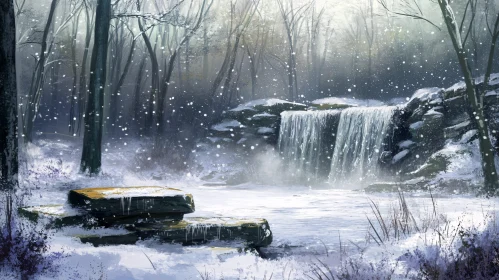 Calm Winter Waterfall in a Snowy Forest