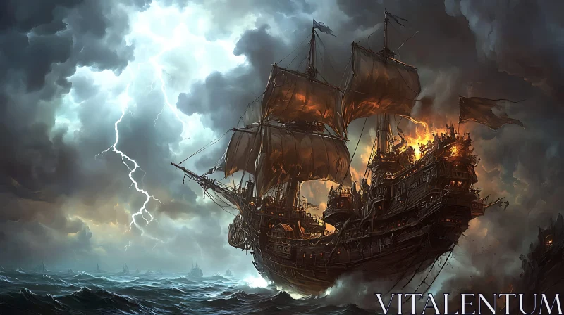 Sailing Ship on Fire in a Thunderstorm AI Image