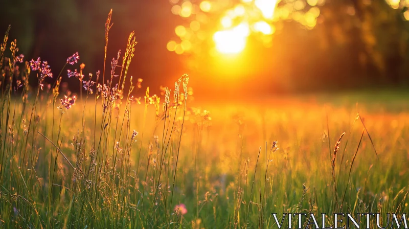 AI ART Golden Glow in a Grass Field at Dusk