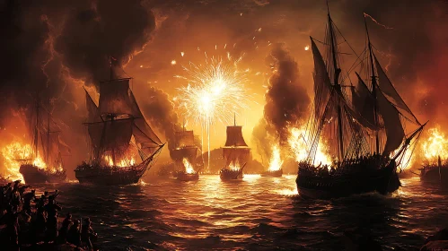 Explosive Sea Battle with Ships on Fire