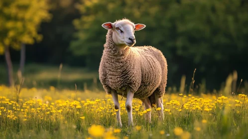 Pastoral Scene with a Sheep in Blooming Meadow