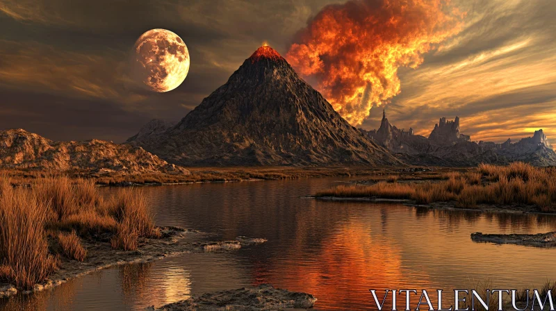 AI ART Volcano Eruption Under Full Moon