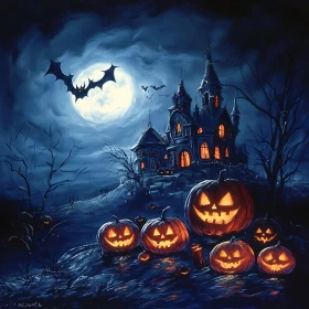 Eerie Moonlit Night with Haunted House and Pumpkins