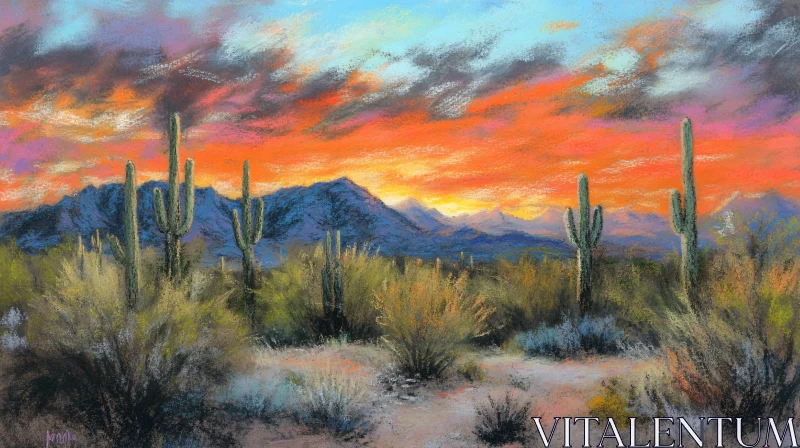 Desert Landscape at Sunset with Cacti AI Image