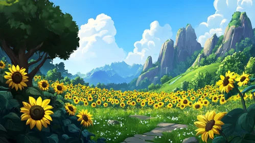 Scenic Sunflower Meadow with Mountain Backdrop