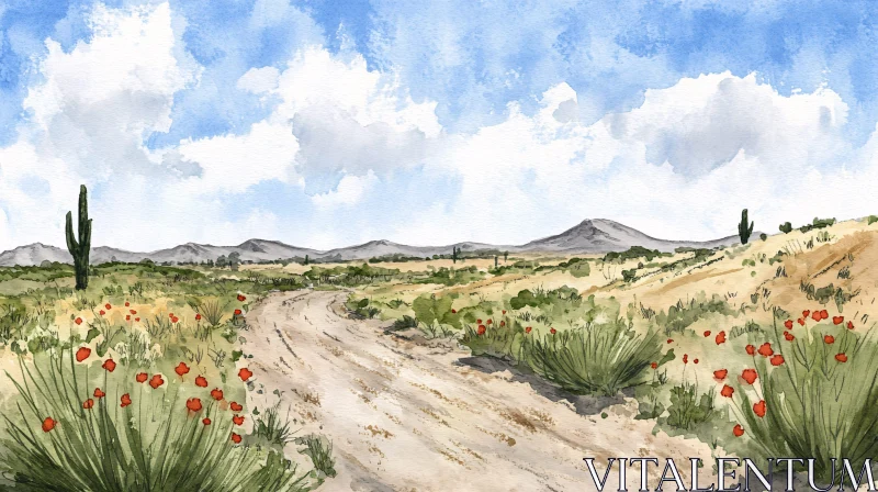 AI ART Scenic Desert Field with Mountains and Cacti