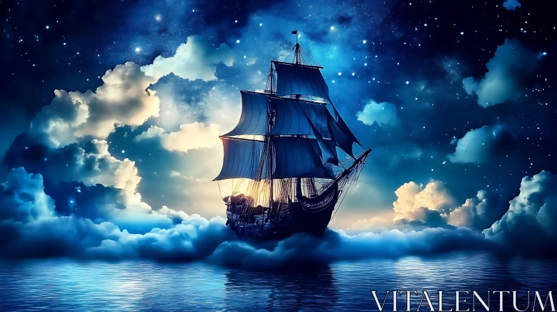 Majestic Ship in a Cloudy Night Sky AI Image