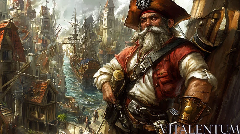 Rugged Pirate Overlooking Medieval Harbor AI Image