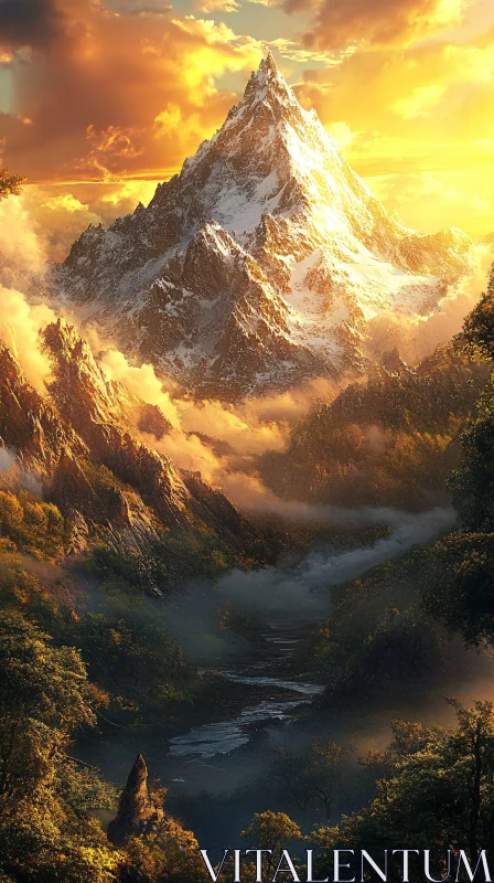 Golden Sunset over a Snowy Mountain Peak AI Image