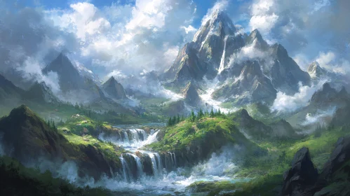 Serene Mountain Scenery with Cascading Waterfalls