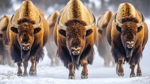 Powerful Bison Herd in Winter Snow