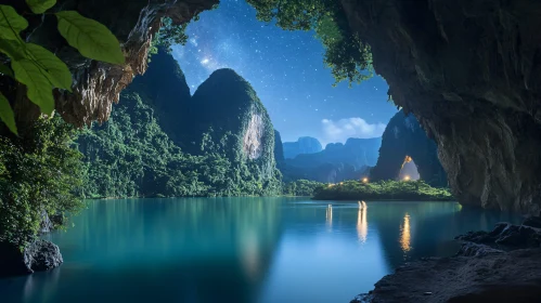 Nighttime Vista of Lake and Mountains from Cave Perspective