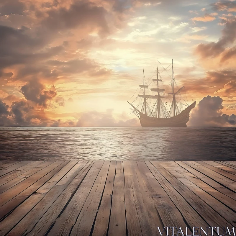 Tranquil Sunset Over the Ocean with a Sailing Ship AI Image