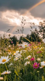 Sunny Meadow of Daisies and Rainbow