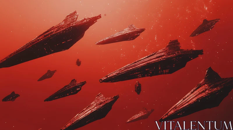 Galactic Spaceship Armada in Red-Hued Space AI Image