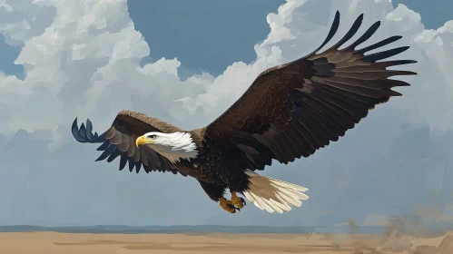 Eagle in Flight Over Open Landscape