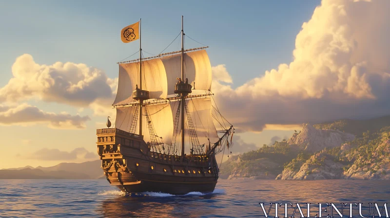 Sunset Voyage of the Grand Sailing Ship AI Image