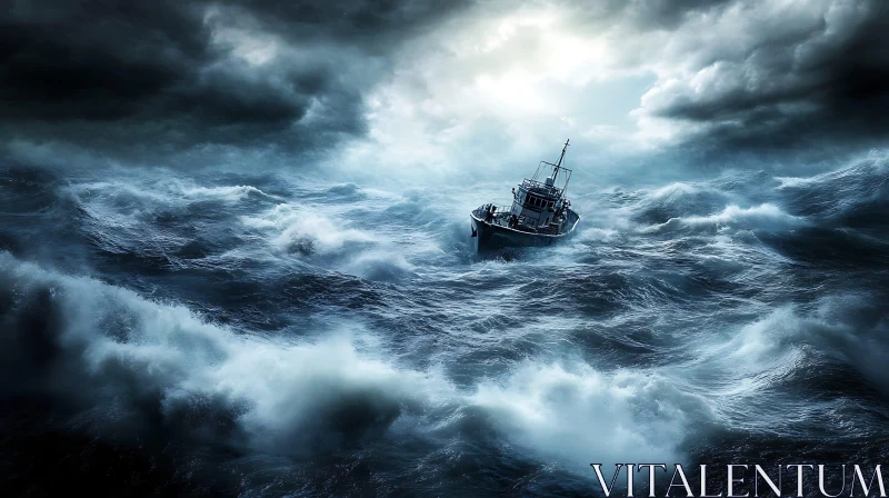 Lone Boat Amidst Stormy Ocean Waves AI Image