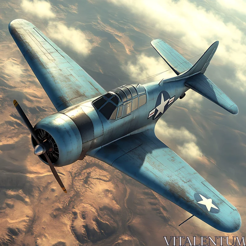 Historic Aircraft Soaring Over Desert Terrain AI Image