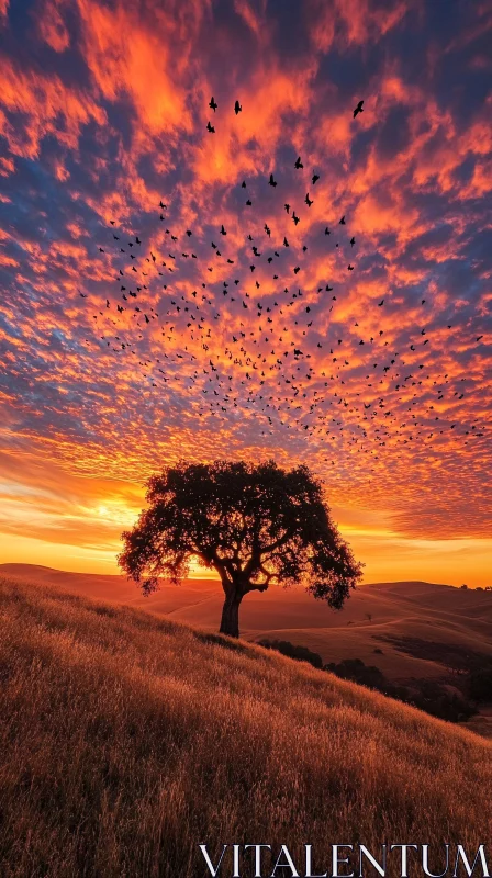 Serene Sunset Landscape with Birds and Tree Silhouette AI Image