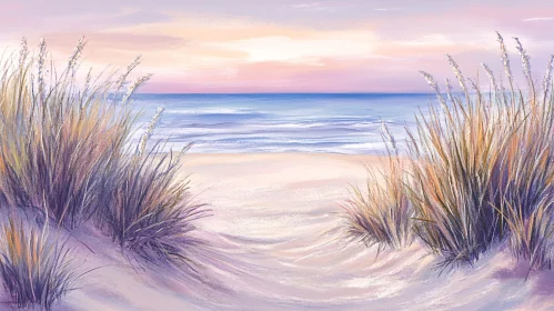 Serene Beach Scene with Ocean and Pastel Sunset