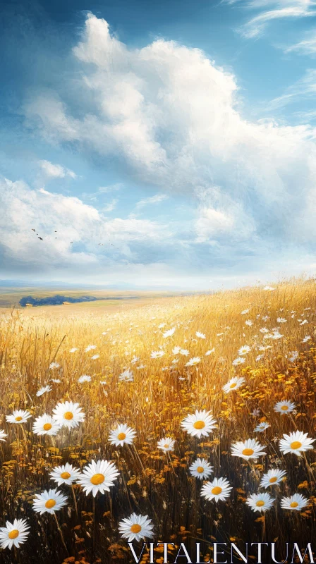 Meadow of Daisies in Golden Field with Blue Sky and Clouds AI Image