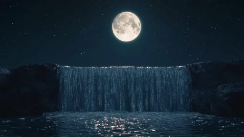 Moonlit Waterfall with Starry Night Sky