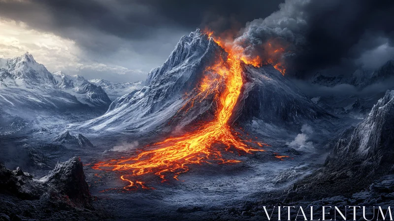 AI ART Volcanic Eruption in Snowy Landscape with Flowing Lava