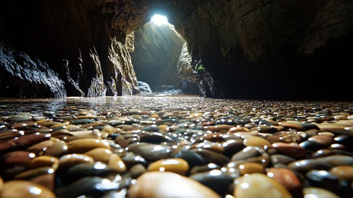 Sunlight-Pierced Cave with Shimmering Stones