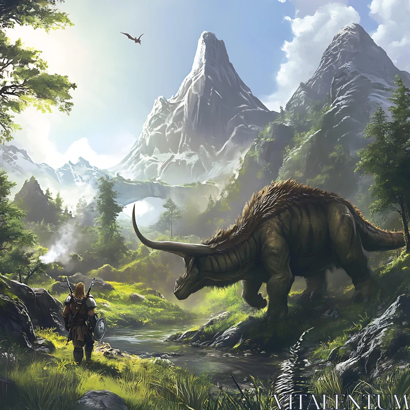 AI ART Warrior and Dinosaur in Majestic Mountain Landscape