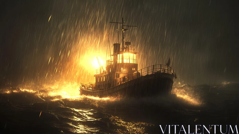 Seafaring Vessel Endures Storm at Sunrise AI Image