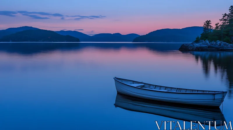 Peaceful Lake Sunset with Lone Boat AI Image