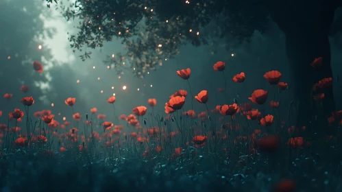 Glowing Poppies Under Starry Canopy