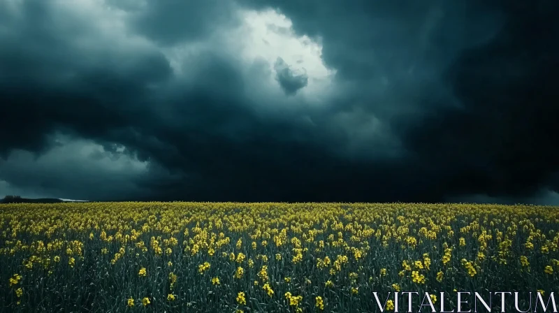 Yellow Flower Field with Approaching Storm AI Image