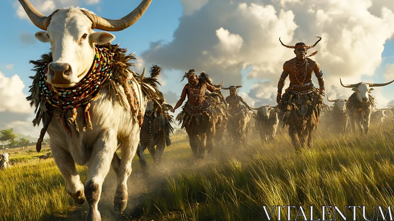 Tribal Procession with Cows on Grassland AI Image