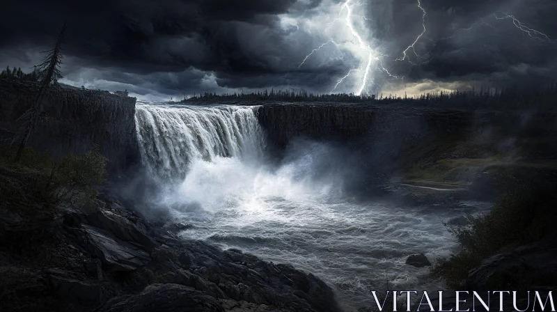 AI ART Epic Waterfall Amidst a Thunderstorm