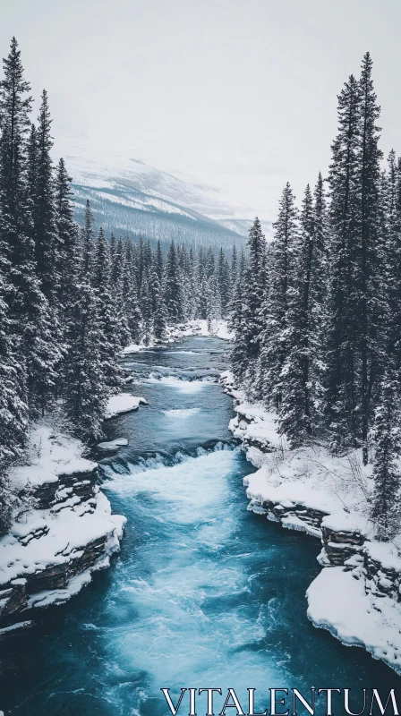 AI ART Icy Blue Winter River through Snowy Forest