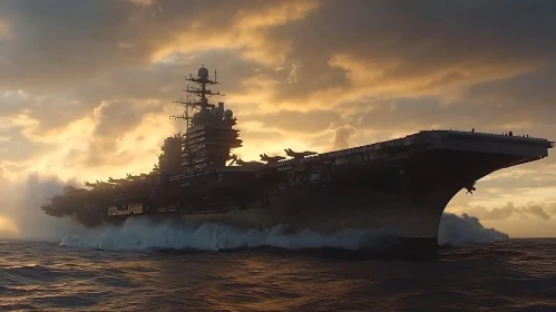 Sunset Seascape with Imposing Aircraft Carrier