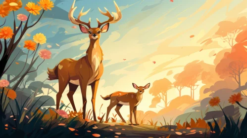 Deer in Autumn Scene: A Cartoon Realism Art Piece