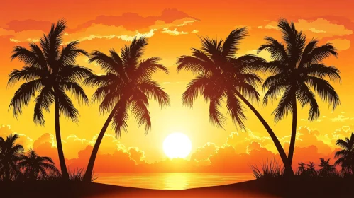 Serene Sunset Over a Tropical Beach with Palm Tree Silhouettes