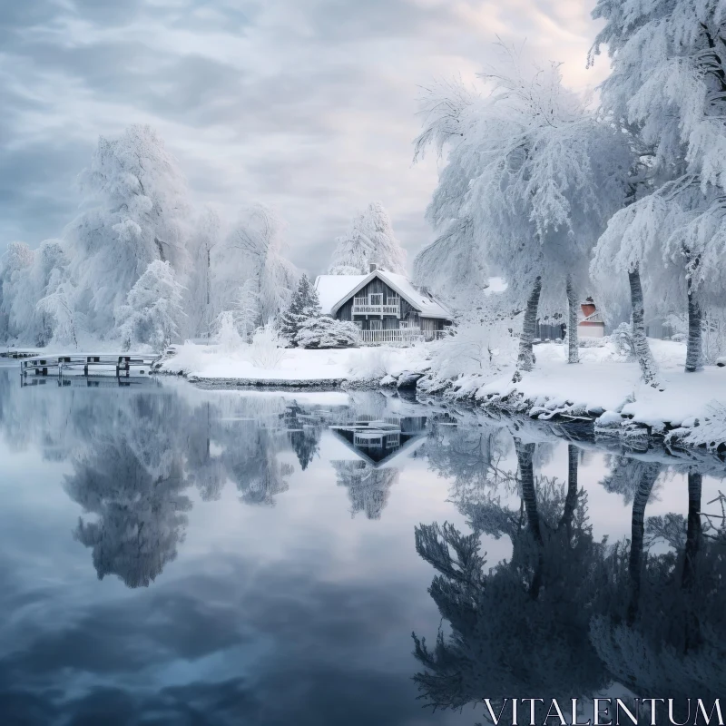 Ethereal Winter Landscape with Snow-Covered House by Lake AI Image