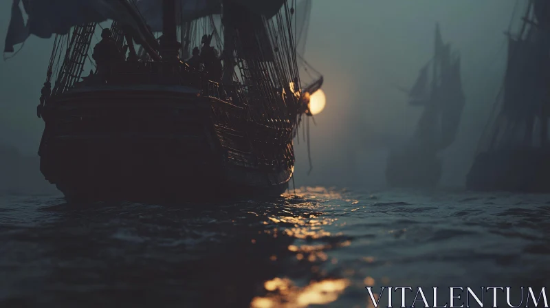 Foggy Sea Voyage at Sunset AI Image