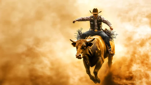 Cowboy Riding a Bull in Dusty Rodeo Scene