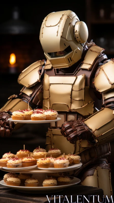 Golden Robot Serving Cakes in a Restaurant AI Image