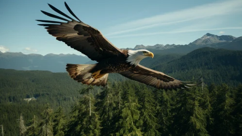 Majestic Bald Eagle Soaring Over Forest-Covered Mountains