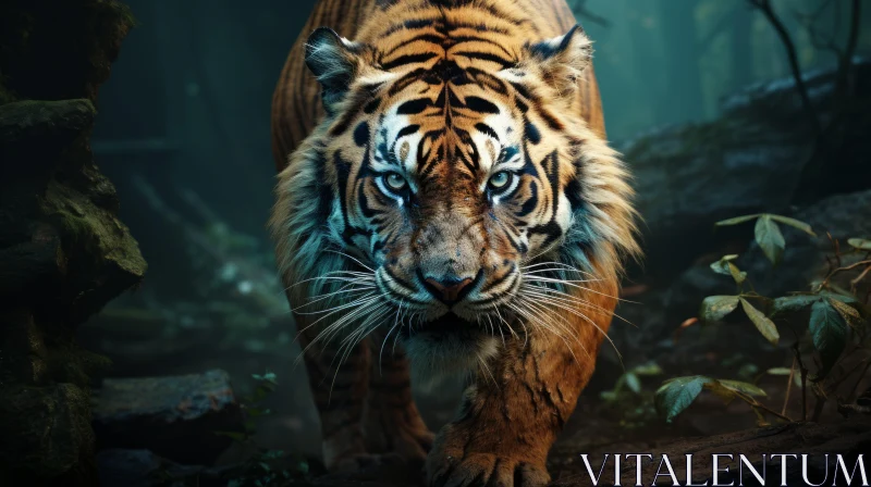 Mesmerizing Tiger in Forest Displaying Intense Gaze and Powerful Energy AI Image